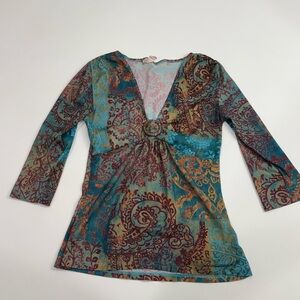 Y2K Forever Young Paisley Boho Top Teal Burgundy Bell Sleeve Small